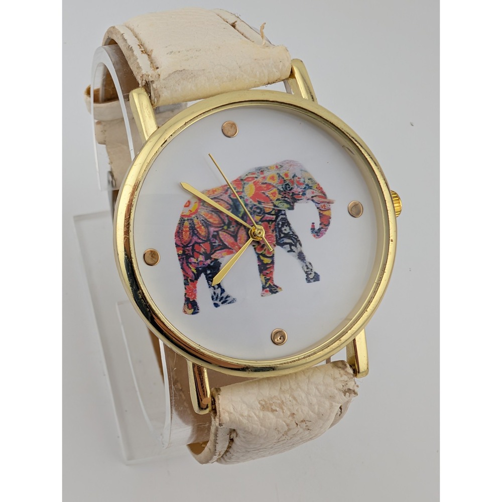 Elephant Dial Watch‎ Women 38mm Gold Case White Faux Leather Band- New Battery
